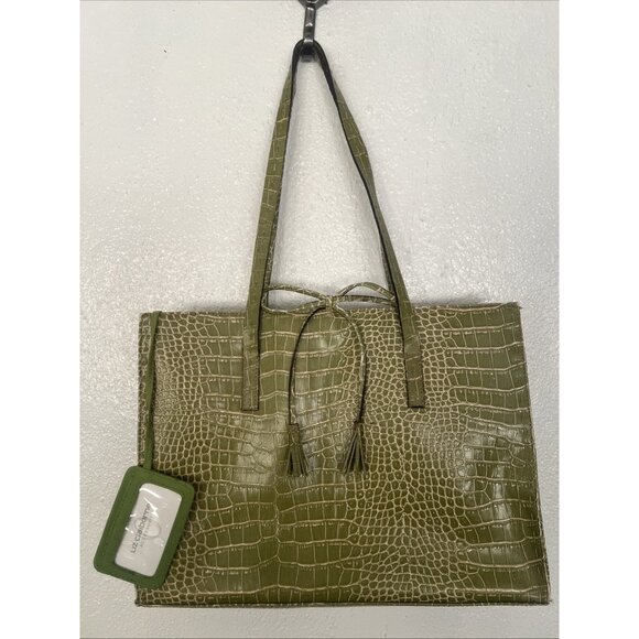 Vintage LIZ CLAIBORNE GREEN FAUX CROC Tote Purse Satchel Bag Lily Pulitzer-Look - Picture 1 of 16